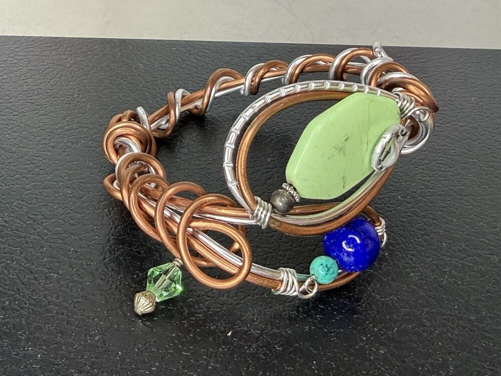 Vintage Artisan Wire Wrapped Bronze Silver Stone Accent Bracelet Charm Boho